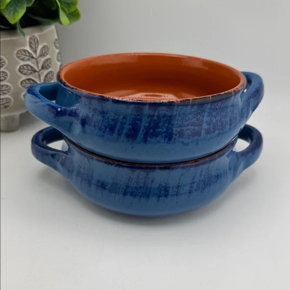 De Silva Ceramic Terracotta Soup Bowls Blue Glaze Set of Two - Made in Italy - Picture 2 of 4
